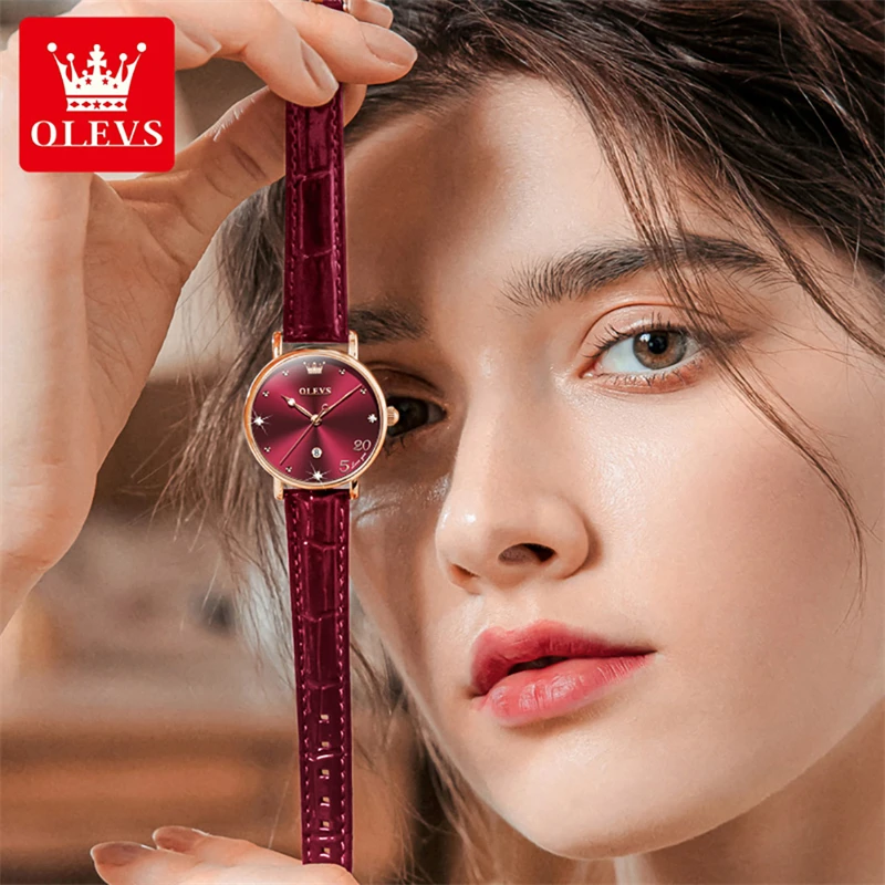 Olevs новые модные винно-красные ультратонкие кварцевые часы для женщин - Фотография_4