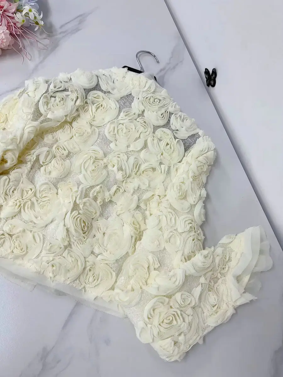 Элегантный прозрачный однобортный топ с 3d цветочной вышивкой - Фотография_5